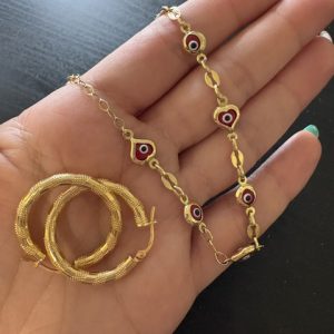 PULSO DE OJOS ROJOS Y ARGOLLAS 10KT